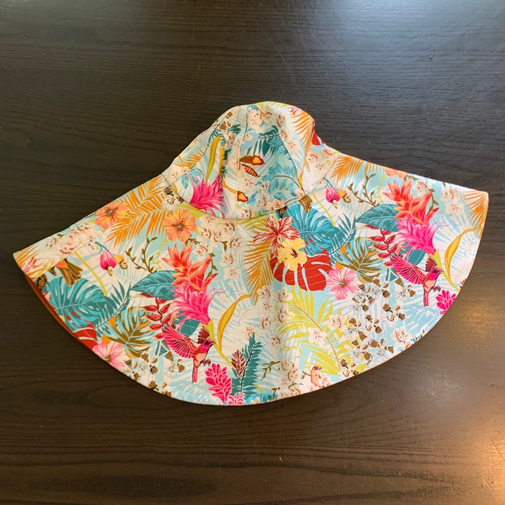 Jim Thompson Tropical Bird Floral Sun Hat Wide Brim Cotton Packable Orange Pink